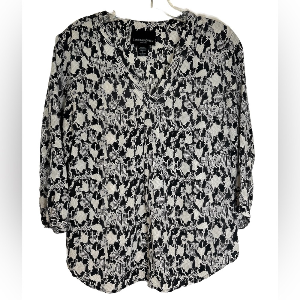Cynthia Rowley‎ Snake Skin Print Black White 100% Silk 3/4 Sleeve Women’s Top S